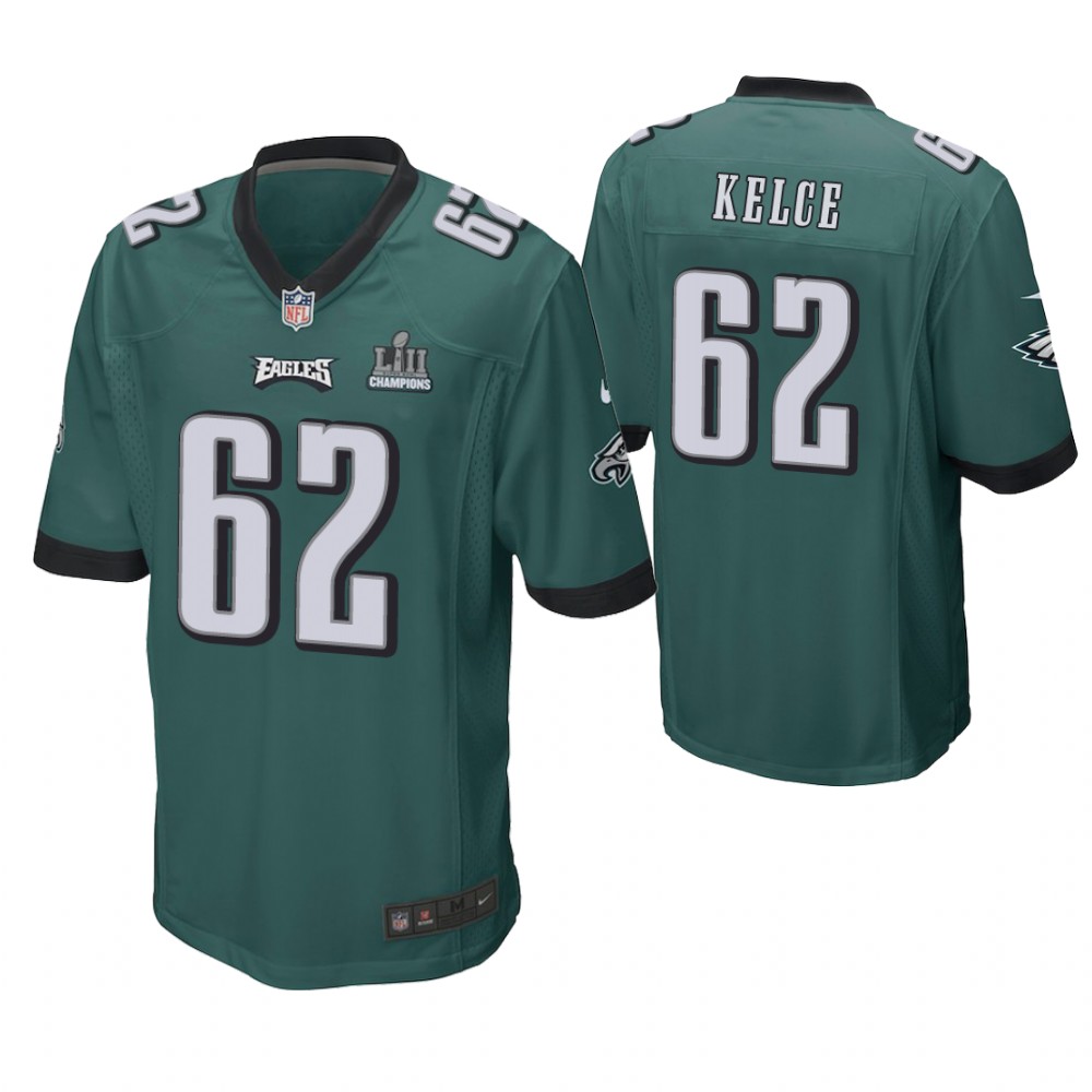 Philadelphia Eagles #62 Jason Kelce Midnight Green Super Bowl LII Champions Patch Game Jersey