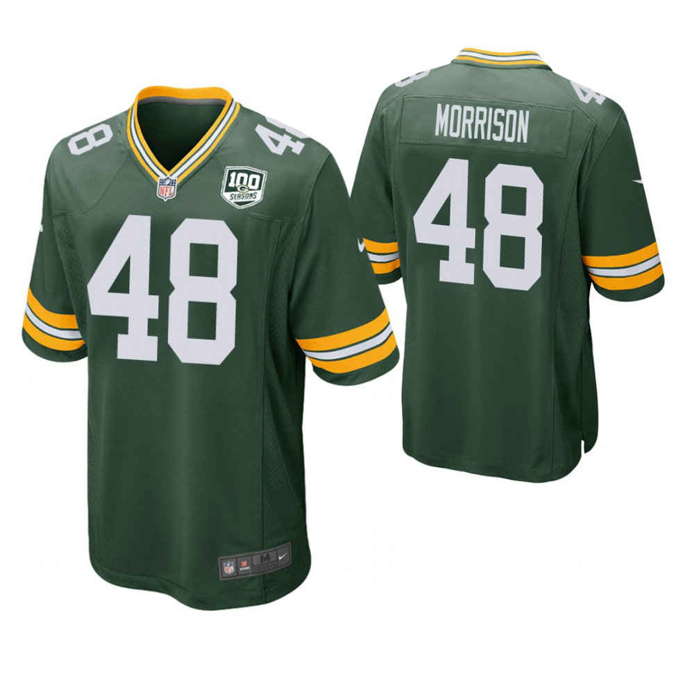 Green Bay Packers #48 Antonio Morrison Green 100th Anniversary Patch Game Jersey