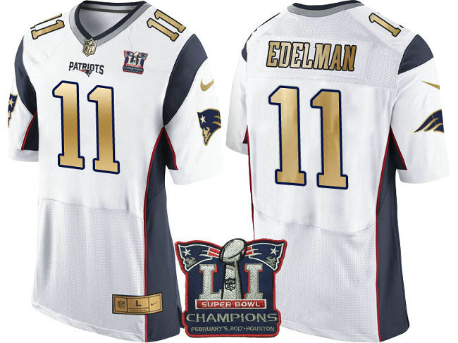 New England Patriots #11 Julian Edelman White Super Bowl LI Champions Gold Elite Jersey New England Patriots #11 Julian Edelman White Super Bowl LI Champions Gold Elite Jersey