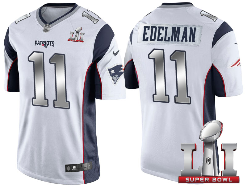 New England Patriots #11 Julian Edelman White 2017 Super Bowl 51 Patch Steel Silver Limited Jersey New England Patriots #11 Julian Edelman White 2017 Super Bowl 51 Patch Steel Silver Limited Jersey