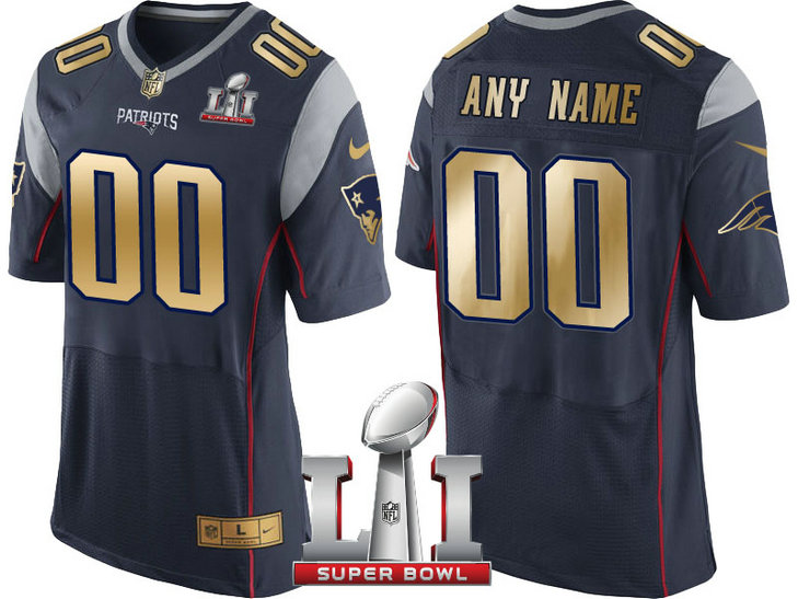 New England Patriots Navy Super Bowl LI Champions Gold Elite Customized Jersey