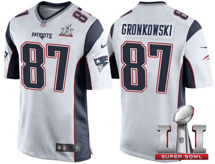 New England Patriots #87 Rob Gronkowski White 2017 Super Bowl LI Patch Game Jersey