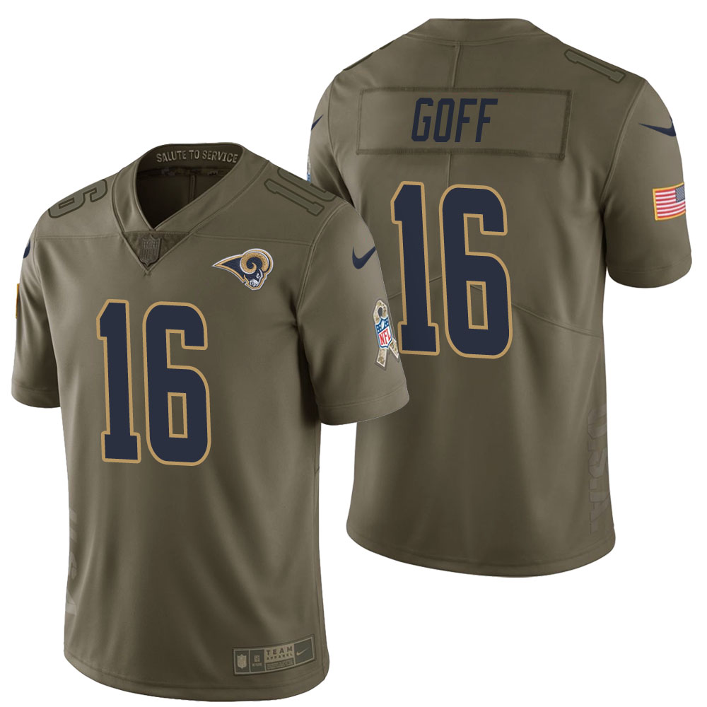 Los Angeles Rams #16 Jared Goff Olive 2017 Salute to Service Limited Jersey With Super Bowl LVI Patch Los Angeles Rams #16 Jared Goff Olive 2017 Salute to Service Limited Jersey With Super Bowl LVI Patch