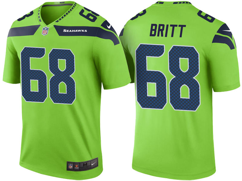Seattle Seahawks #68 Justin Britt Neon Green Color Rush Legend Jersey