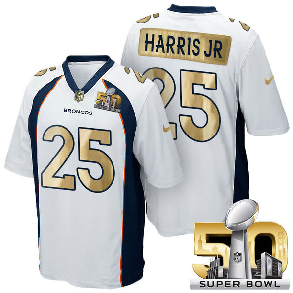 Denver Broncos #25 Chris Harris Jr White Super Bowl 50 Special Edition Golden Jersey