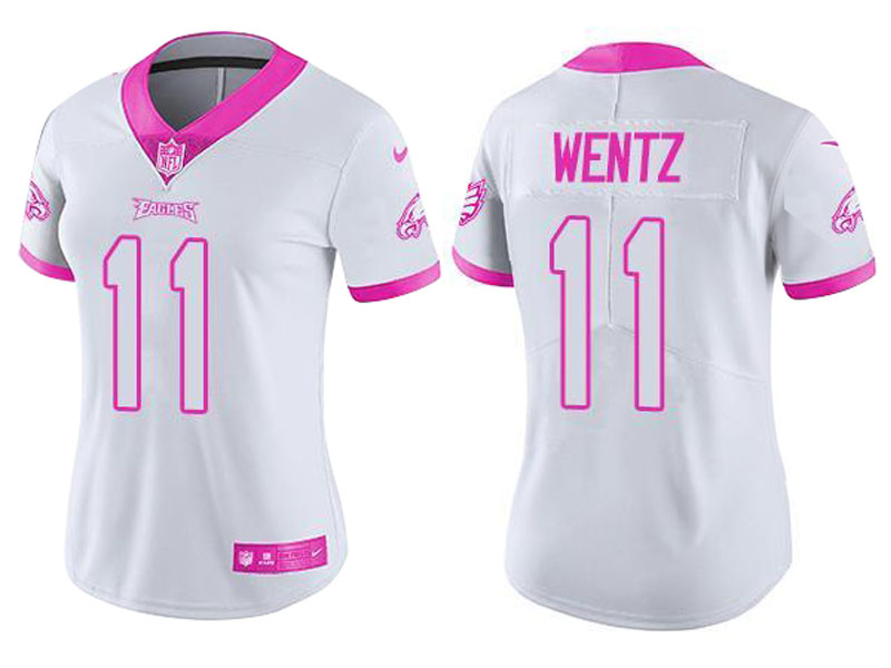 Women Philadelphia Eagles #11 Carson Wentz White Pink Rush Fashion Jersey