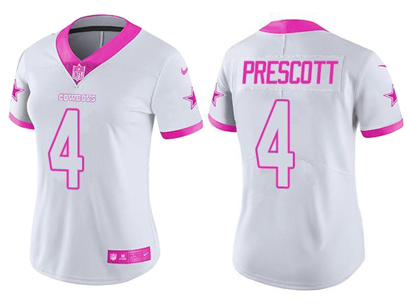 Women Dallas Cowboys #4 Dak Prescott White Pink Rush Fashion Jersey Women Dallas Cowboys #4 Dak Prescott White Pink Rush Fashion Jersey