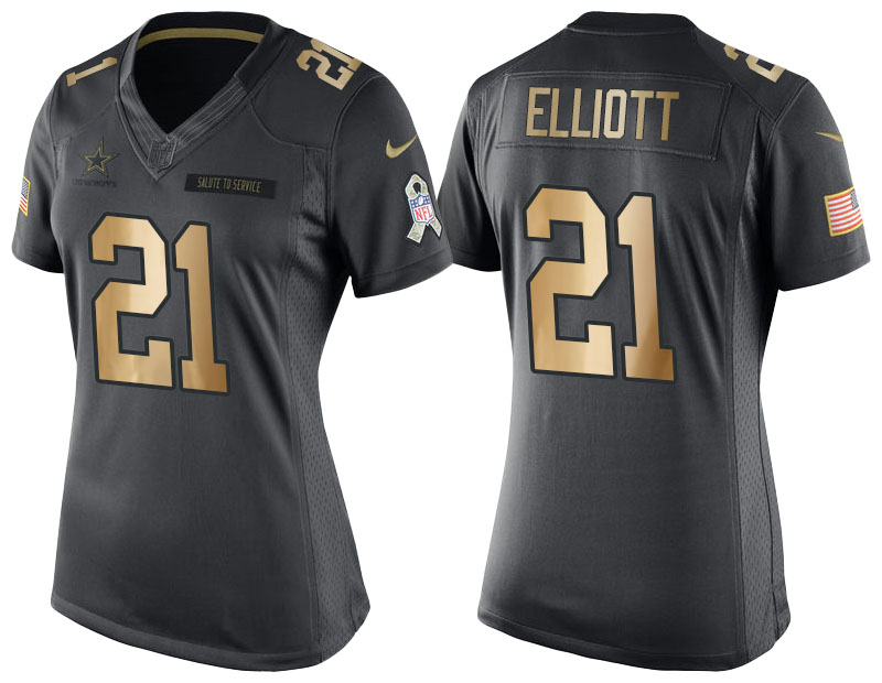 Women Cowboys #21 Ezekiel Elliott Anthracite Gold Special Edition Salute to Service Jersey