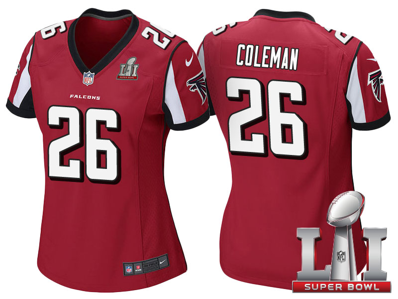 Women Atlanta Falcons #26 Tevin Coleman Red 2017 Super Bowl LI Patch Game Jersey