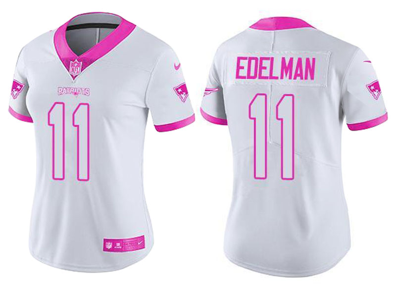 Women New England Patriots #11 Julian Edelman White Pink Rush Fashion Jersey
