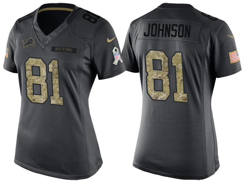 Women Detroit Lions #81 Calvin Johnson Camo Anthracite 2016 Salute to Service Limited Jersey