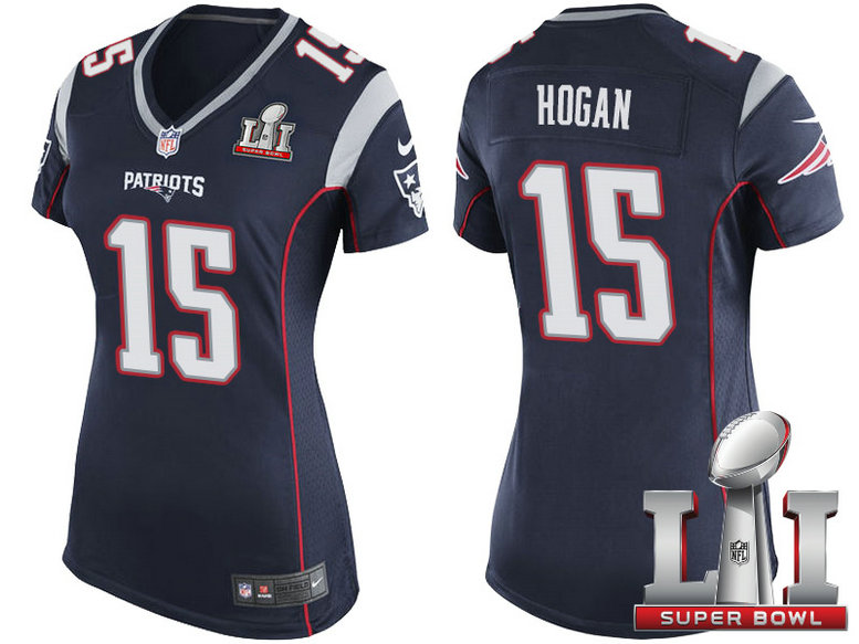 Women New England Patriots #15 Chris Hogan Navy 2017 Super Bowl LI Patch Game Jersey