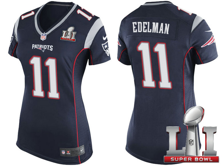 Women New England Patriots #11 Julian Edelman Navy 2017 Super Bowl 51 Patch Game Jersey