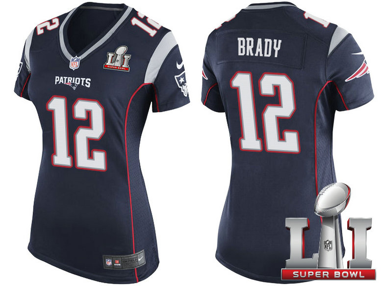 Women New England Patriots #12 Tom Brady Navy 2017 Super Bowl LI Patch Game Jersey