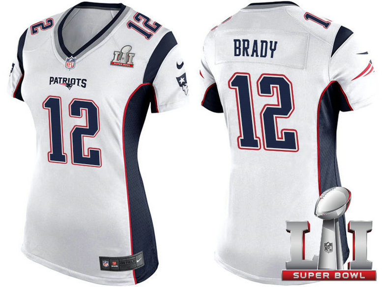 Women New England Patriots #12 Tom Brady White 2017 Super Bowl LI Patch Game Jersey