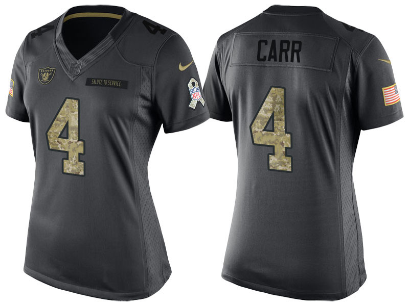 Women Oakland Raiders #4 Derek Carr Camo Anthracite 2016 Salute to Service Limited Jersey