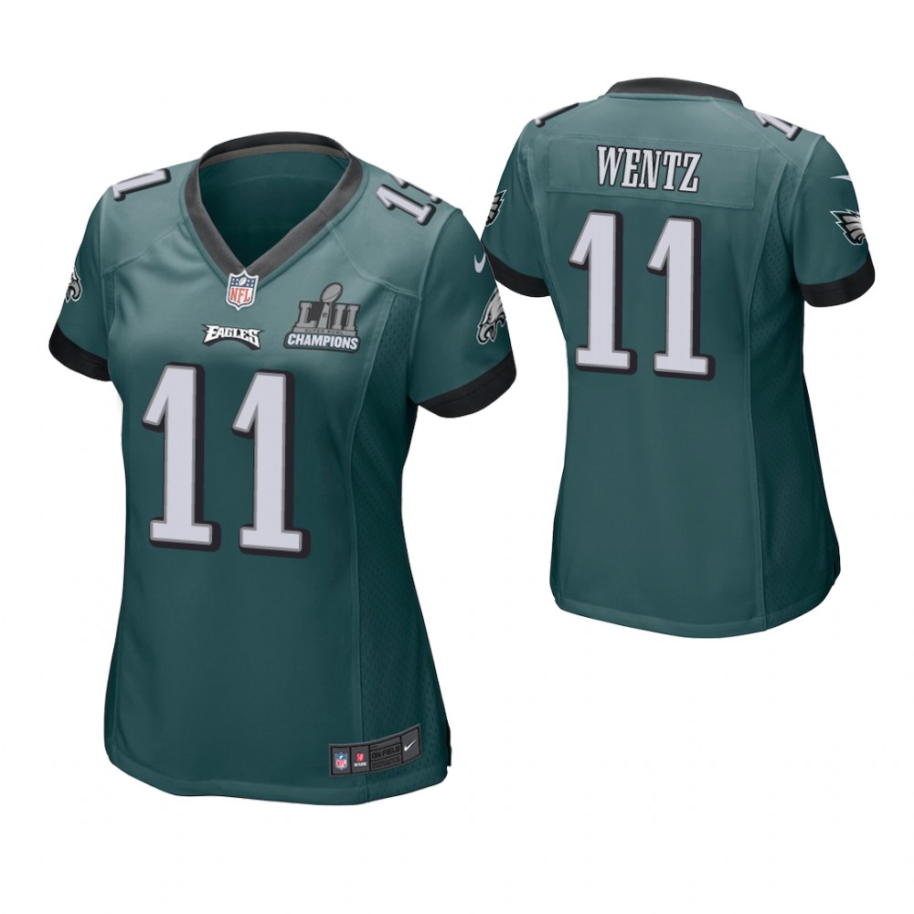Women Philadelphia Eagles #11 Carson Wentz Midnight Green Super Bowl LII Champions Patch Game Jersey Women Philadelphia Eagles #11 Carson Wentz Midnight Green Super Bowl LII Champions Patch Game Jersey