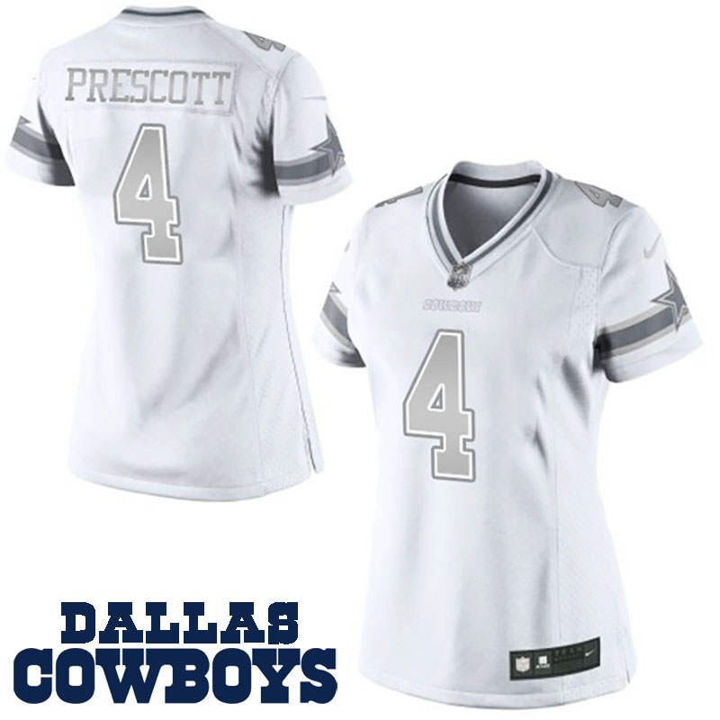 Women Dallas Cowboys #4 Dak Prescott White Platinum Limited Preseason Game Jersey Women Dallas Cowboys #4 Dak Prescott White Platinum Limited Preseason Game Jersey