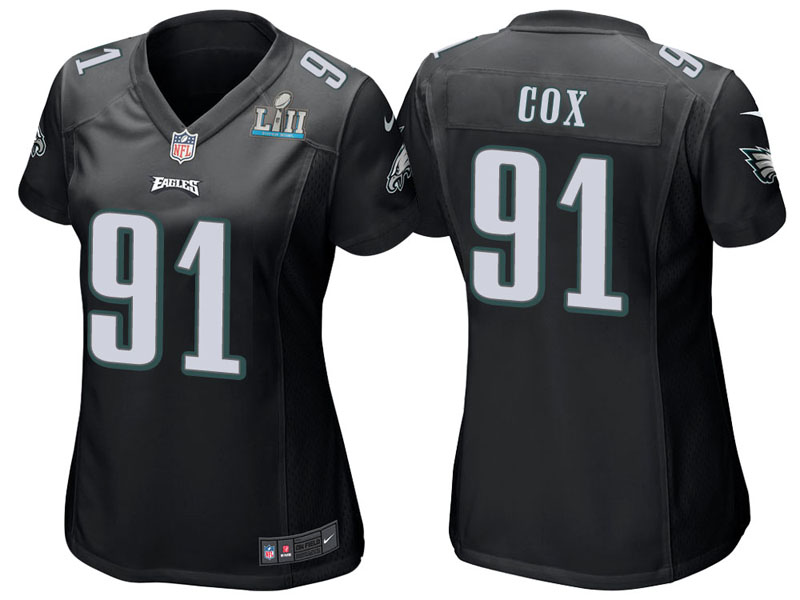 Women Philadelphia Eagles #91 Fletcher Cox Black Super Bowl LII Bound Game Jersey