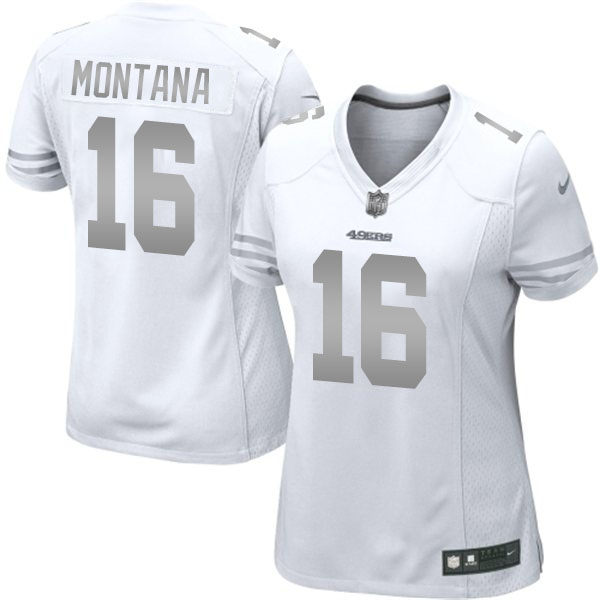 Women San Francisco 49ers #16 Joe Montana White Platinum Jersey Women San Francisco 49ers #16 Joe Montana White Platinum Jersey
