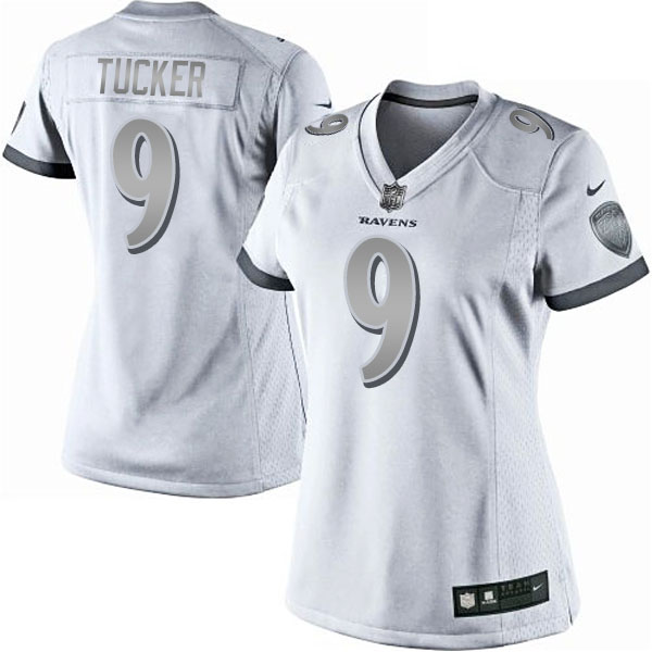 Women Baltimore Ravens #9 Justin Tucker White Platinum Jersey