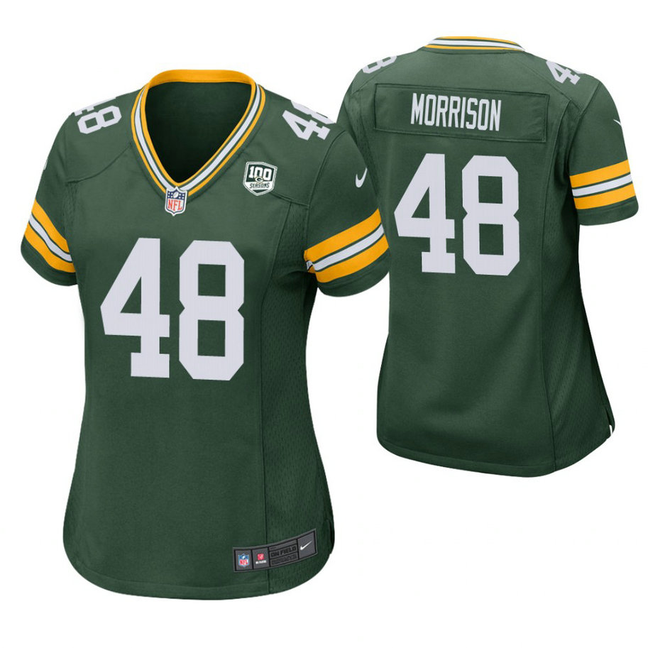 Women Green Bay Packers #48 Antonio Morrison Green 100th Anniversary Patch Game Jersey Women Green Bay Packers #48 Antonio Morrison Green 100th Anniversary Patch Game Jersey