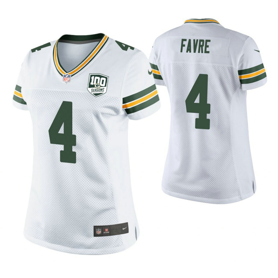 Women Green Bay Packers #4 Brett Favre White 100th Anniversary Game Retired Player Jersey