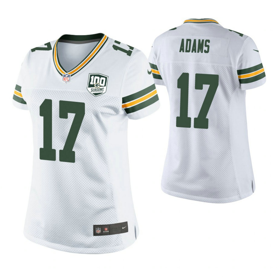 Women Green Bay Packers #17 Davante Adams White 100th Anniversary Game Jersey