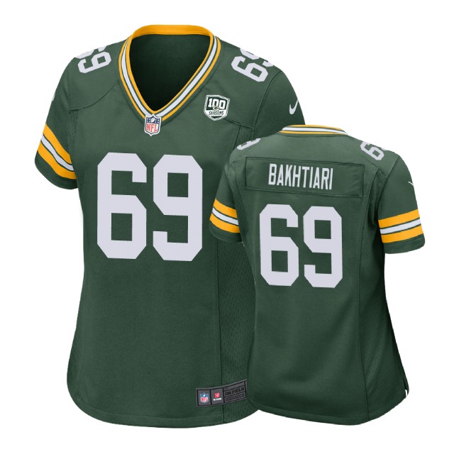 Women Green Bay Packers #69 David Bakhtiari 100th Anniversary Game Green Jersey