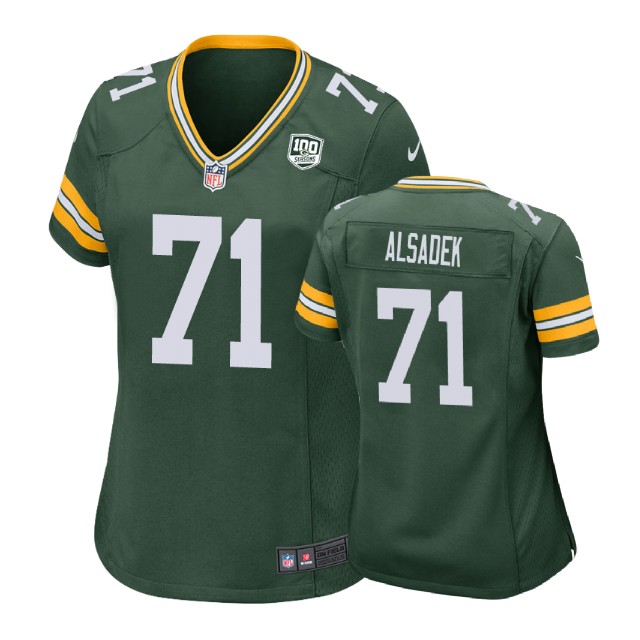 Women Green Bay Packers #71 Jacob Alsadek 100th Anniversary Game Green Jersey Women Green Bay Packers #71 Jacob Alsadek 100th Anniversary Game Green Jersey