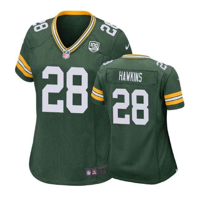 Women Green Bay Packers #28 Josh Hawkins 100th Anniversary Game Green Jersey