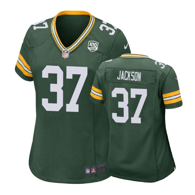 Women Green Bay Packers #37 Josh Jackson 100th Anniversary Game Green Jersey