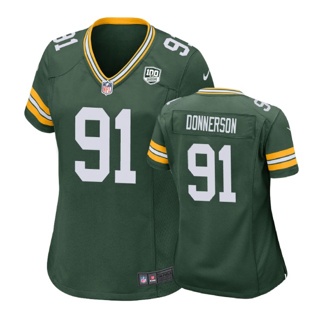 Women Green Bay Packers #91 Kendall Donnerson 100th Anniversary Game Green Jersey