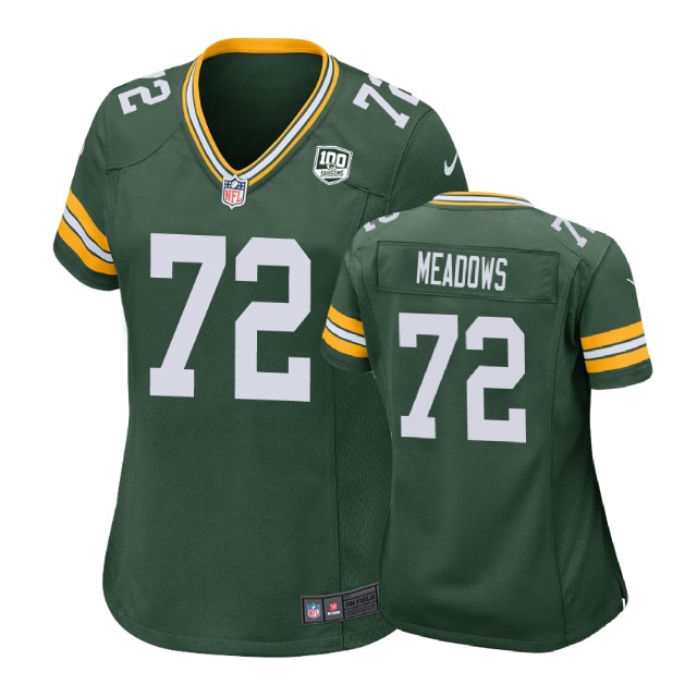 Women Green Bay Packers #72 Kyle Meadows 100th Anniversary Game Green Jersey Women Green Bay Packers #72 Kyle Meadows 100th Anniversary Game Green Jersey