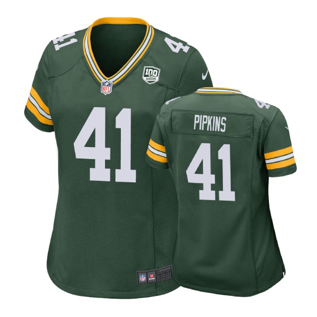 Women Green Bay Packers #41 Lenzy Pipkins 100th Anniversary Game Green Jersey
