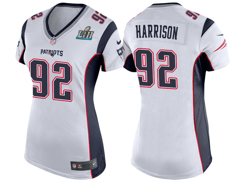 Women New England Patriots #92 James Harrison White Super Bowl LII Bound Game Jersey