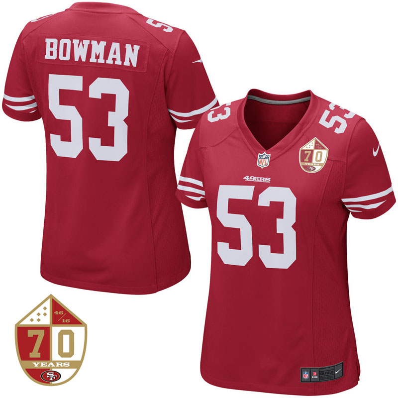 Women San Francisco 49ers #53 NaVorro Bowman Scarlet 70th Anniversary Patch Game Jersey Women San Francisco 49ers #53 NaVorro Bowman Scarlet 70th Anniversary Patch Game Jersey
