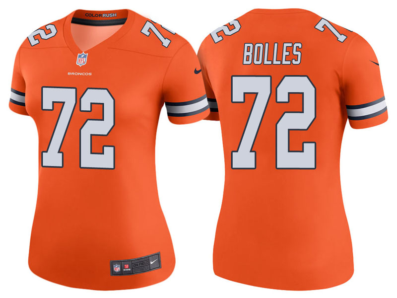 Women Denver Broncos #72 Garett Bolles Orange Color Rush Legend Jersey
