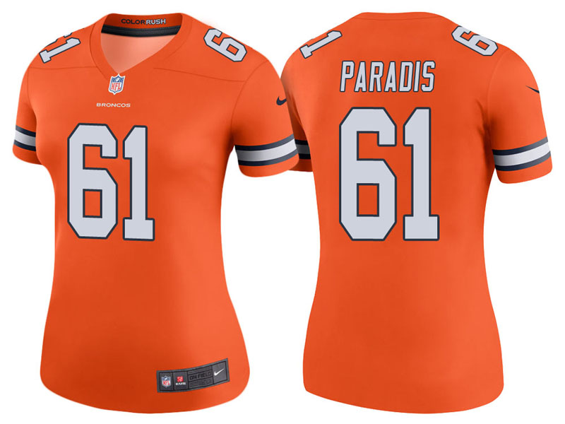 Women Denver Broncos #61 Matt Paradis Orange Color Rush Legend Jersey