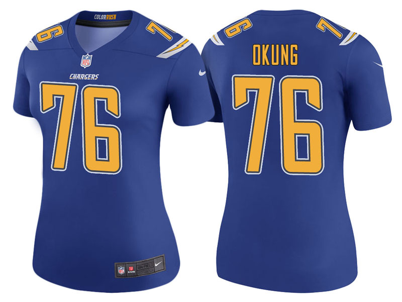 Women Los Angeles Chargers #76 Russell Okung Royal Color Rush Legend Jersey