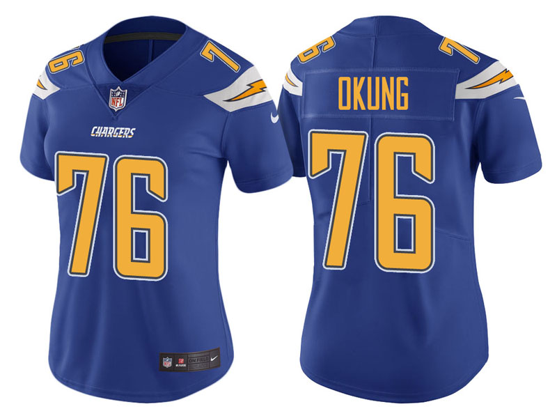 Women Los Angeles Chargers #76 Russell Okung Royal Vapor Untouchable Color Rush Limited Jersey