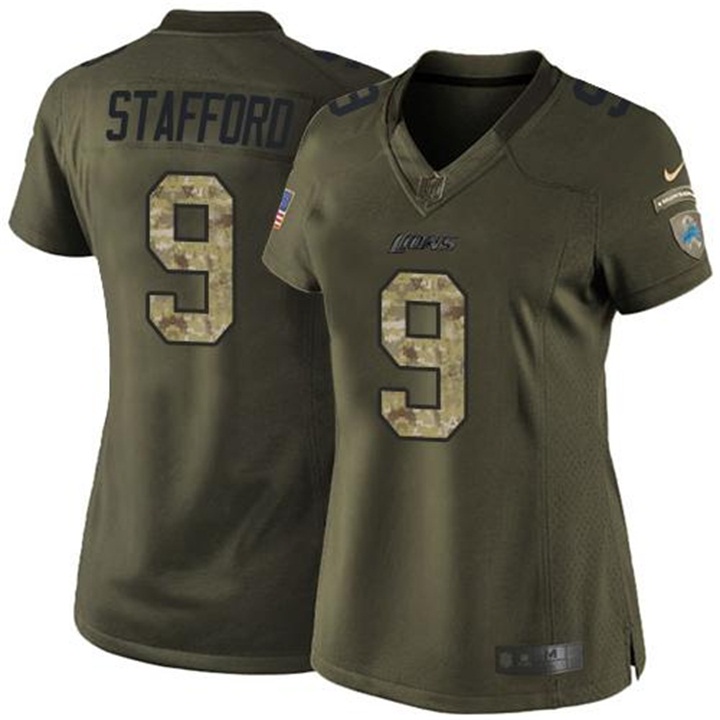 Women Detroit Lions #9 Matthew Stafford Green Salute To Service Jersey