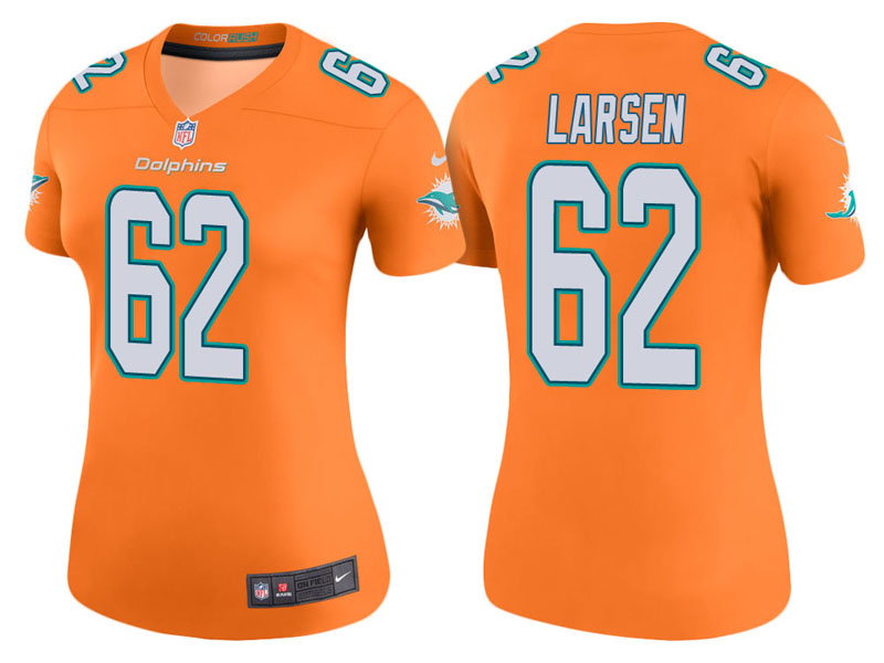 Women Miami Dolphins #62 Ted Larsen Orange Color Rush Legend Jersey Women Miami Dolphins #62 Ted Larsen Orange Color Rush Legend Jersey