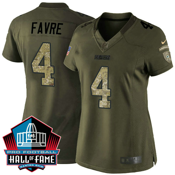 Women Green Bay Packers #4 Brett Favre Green Salute To Service Jersey
