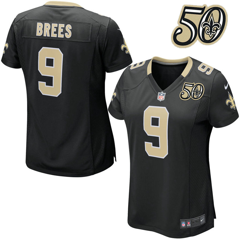 Women New Orleans Saints #9 Drew Brees Black 50th Anniversary Game Jersey