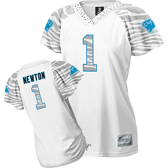 Women Carolina Panthers #1 Cam Newton White Zebra Field Flirt Fashion Jersey