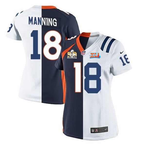 Women Peyton Manning #18 Broncos Alternate/Colts Road Super Bowl 50/XLI Game Two Tone Jersey