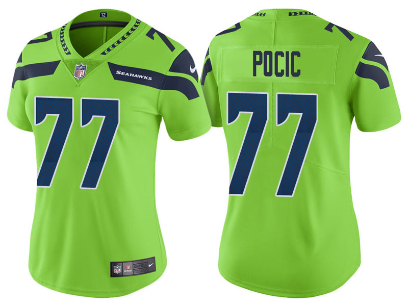 Women Seattle Seahawks #77 Ethan Pocic Neon Green Vapor Untouchable Color Rush Limited Jersey