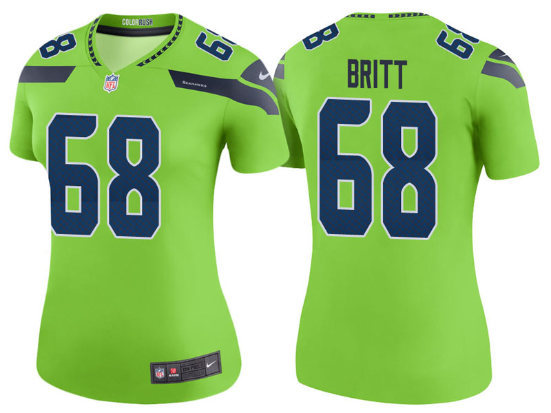 Women Seattle Seahawks #68 Justin Britt Neon Green Color Rush Legend Jersey