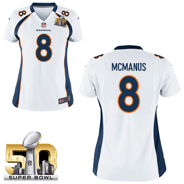 Women 2016 Super Bowl 50 Denver Broncos #8 Brandon McManus White Game Jersey Women 2016 Super Bowl 50 Denver Broncos #8 Brandon McManus White Game Jersey